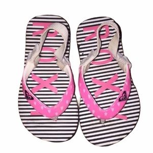Roxy White Black Striped Neon Pink Flip Flops 5-6